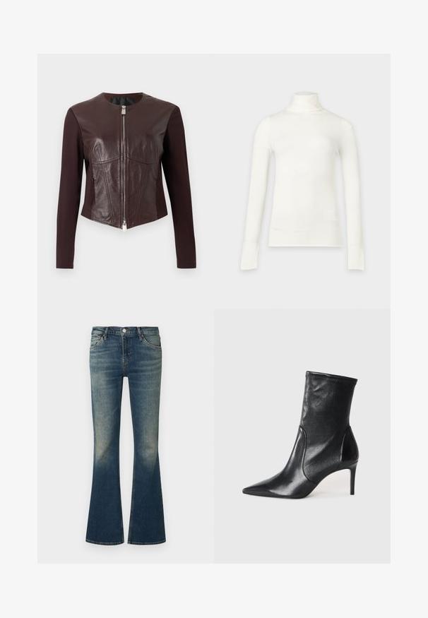 Veste ajustée brun foncé avec des manches longues en tissu, des panneaux avant en cuir et une fermeture éclair double argentée au centre.; Chemise blanche à col roulé manches longues ajustée, présentée sur un fond gris clair.; Jean en denim bleu avec un effet délavé, taille mi-haute, design à cinq poches et jambes légèrement évasées.; Bottes noires à la cheville en cuir lisse, dotées d'un bout pointu, d'un tige ajustée et d'un talon haut fin. Design minimaliste sans quincaillerie visible.