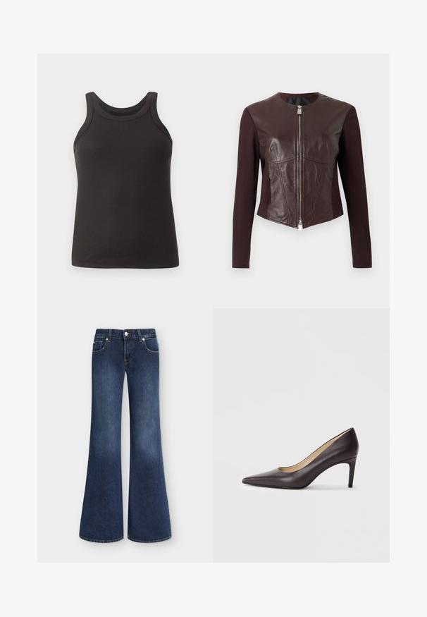 Dunkelbraune taillierte Jacke mit langen Stoffärmeln, Lederfrontpaneelen und einem silbernen Doppelreißverschluss in der Mitte.; Schwarzes, geripptes Tanktop mit rundem Ausschnitt und breiten Trägern. Hergestellt aus einem weichen, elastischen Stoff und mit einer figurbetonten Passform.; Dunkelblaue Denim-Jeans mit hoher Taille, klassischem Five-Pocket-Stil und weit ausgestellten Beinen, flach auf weißem Hintergrund dargestellt.; Brauner, spitz zulaufender High Heel aus Leder mit einem schlanken 7 cm hohen Absatz, glatter Textur und minimalistischem Design. Keine sichtbaren Verzierungen.