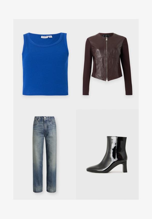 Veste ajustée brun foncé avec des manches longues en tissu, des panneaux avant en cuir et une fermeture éclair double argentée au centre.; Haut court côtelé bleu sans manches avec encolure ronde et étiquette de la marque à l'intérieur du col.; Jean en denim bleu délavé à jambe droite avec bouton sur le devant et poches, présenté sur un fond gris clair uni.; Bottines en cuir verni noir avec un bout pointu et un talon block de hauteur moyenne. Texture lisse et design minimaliste.