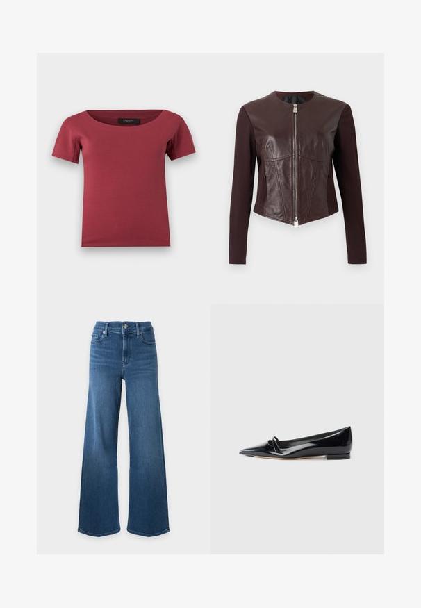 Veste ajustée brun foncé avec des manches longues en tissu, des panneaux avant en cuir et une fermeture éclair double argentée au centre.; Haut pour femmes à manches courtes, de couleur rose foncé, avec un large décolleté en arrondi et une coupe ajustée, posé à plat sur un fond blanc.; Jean en denim bleu taille haute avec jambes larges, fermeture devant par bouton et zip, design classique cinq poches sur fond blanc.; Chaussure plate en cuir verni noir avec un bout pointu, une petite lanière décorative et un petit talon carré. Texture lisse et design épuré.