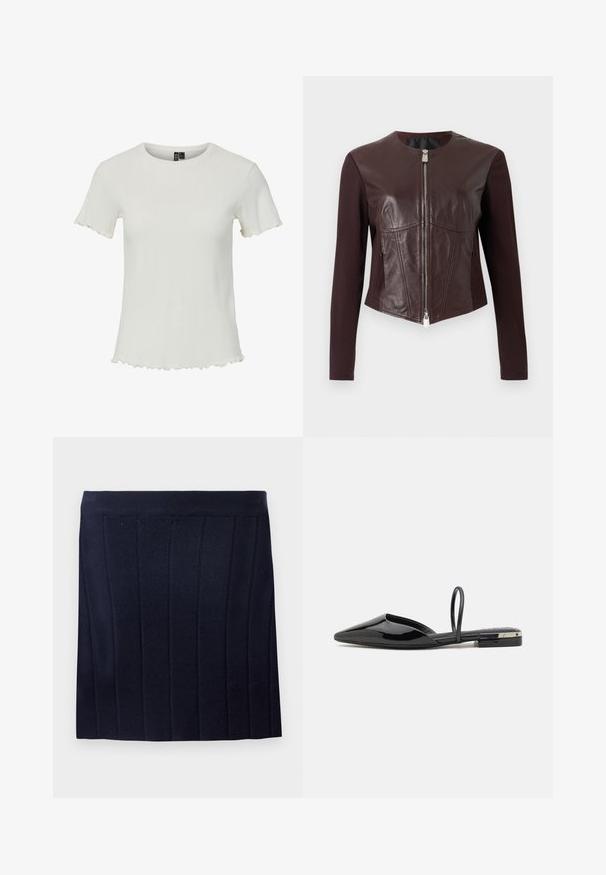 Tumepruun vormitud jakk pikkade kangasest varrukatega, nahast esipaneelidega ja hõbedase kaheksazipuga keskel sulgemiseks.; Valge lühikeste varrukatega topp, millel on ribakujuline tekstuur, ümar kaelus ja lõhikesed servad, loodud sobima keha siluetti.; Object OBJTHESS - Miniseelik - sky captain; Mustad patendi nahast sussid, millel on terav nina, minimalistik disain, peen rihm ja väike metallik accent kontsal.