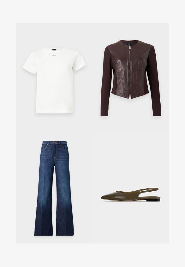 Veste ajustée brun foncé avec des manches longues en tissu, des panneaux avant en cuir et une fermeture éclair double argentée au centre.; T-shirt blanc à manches courtes avec col rond, design minimaliste, et logo "PINKO" centré sous l'encolure.; Jean en denim bleu foncé à jambes larges avec poches avant et taille boutonnée, affiché sur un fond clair uni.; Chaussure plate à bout pointu vert olive avec bride arrière, talon noir bas et finition lisse et brillante.