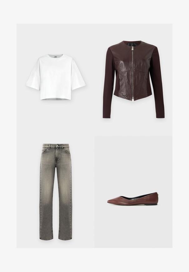 Veste ajustée brun foncé avec des manches longues en tissu, des panneaux avant en cuir et une fermeture éclair double argentée au centre.; Crop top blanc oversize à manches courtes avec col rond, en tissu lisse, présenté sur un fond clair uni.; Jean en denim gris à coupe droite, avec un motif délavé, cinq poches et surpiqûres le long des coutures et de la taille.; Ballerine en cuir marron à bout pointu avec semelle noire présentée de profil sur fond blanc.