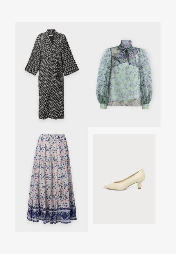 Robe de style kimono en noir et blanc avec un motif de grille en losanges, col châle, manches longues et une ceinture à nouer à la taille. Texture de tissu douce.; Blouse transparente à manches longues avec motif floral vert et violet, col montant et grand nœud au col.; Jupe maxi florale avec un fond gris, présentant des fleurs roses et bleues, un design à volants, et un ourlet à motifs navy. Taille élastique.; Escarpin couleur crème à bout pointu avec un talon bas unique en forme de bulbe sur fond blanc uni.