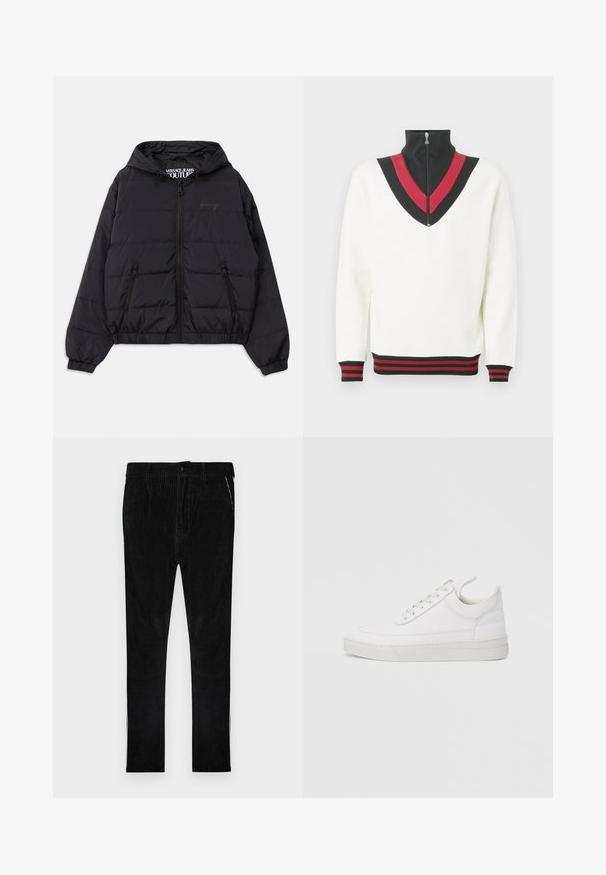 Sort polstret jakke med hætte, der har en frontlynlås, elastiske ærmer og sidelommer. Diskret logo på brystet og ribbet kant.; Hvid pullover med høj krave, der har et sort og rødt V-formet design på brystet samt kontrasterende ribstrikkede manchetter og kant.; Sorte fløjlsbukser med vertikal ribstruktur, med klassisk knap- og lynlås-lukning, sidelommer og ben med lige snit.; Hvid lædersneaker med rundet tå, flad sål og snørebånd foran. Har syningsdetaljer og polstret krave for komfort.