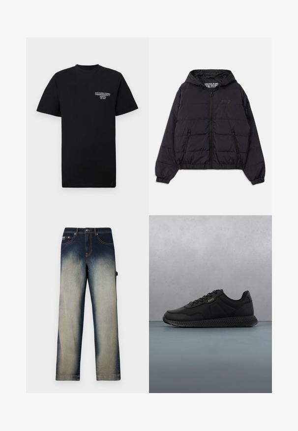 Zwarte gewatteerde jas met capuchon, voorzien van een voorrits, elastische manchetten en zijzakken. Subtiele logo op de borst en geribbelde zoom.; Zwarte katoenen t-shirt met korte mouwen en een ronde hals, met een witte bedrukte logo op de linkerborst. Gladde textuur, normale pasvorm.; Rechthabende denim jeans met een vervaagd effect van donkerblauwe taille naar lichtblauwe benen, voorzien van zakken aan de voorkant en riemlussen.; Zwarte sportieve sneakers met een soepele textiele bovenkant, rubberen zool en subtiele reliëfdetails. Voorzien van een vetersluiting en minimale branding.
