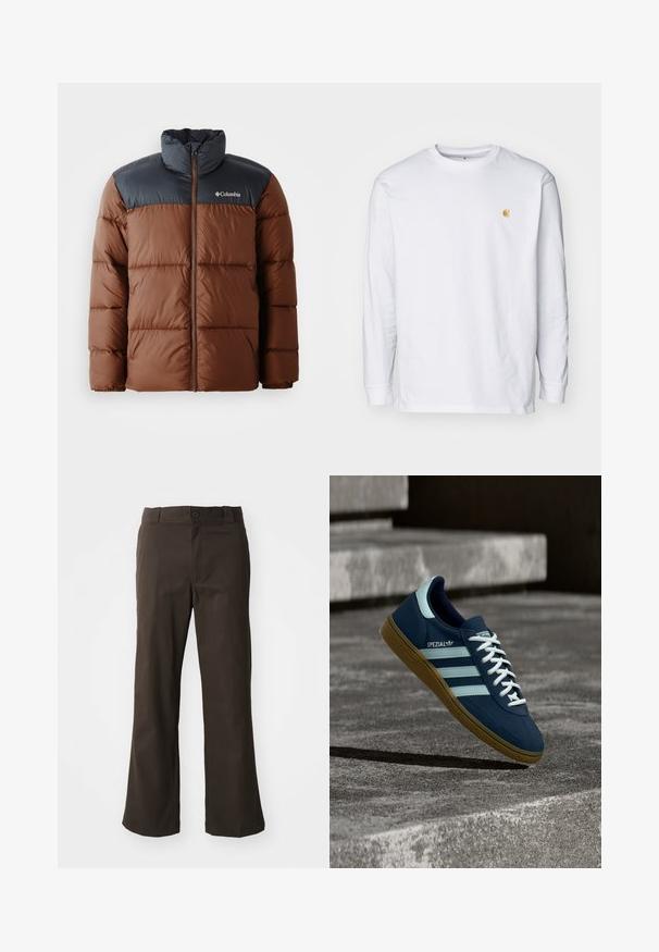 Hnedá a tmavošedá prešívaná bunda s vysokým golierom, predným zipsom a logom na hrudi; obsahuje prešívané časti na izoláciu.; Biely tričko s dlhým rukávom z bavlny. Na hrudi má malé zlaté logo a okrúhly výstrih. Jednoduchý dizajn a štandardný strih.; Hnedé rozšírené nohavice s hladkým povrchom, s predným zapínaním na gombík a bočnými vreckami. Jednoduchý a rovný dizajn.; Modré tenisky Adidas Spezial s bielymi pruhmi a šnúrkami, gumovou podrážkou, plávajúce nad drsným betónovým povrchom a schodmi v pozadí.