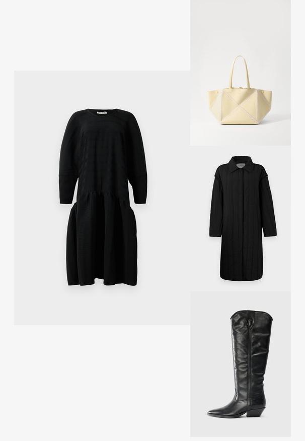 CLOSED QUILTED COAT - Vinterfrakke - black; Sort tekstureret midi-kjole med lange ærmer, samlet talje og rund halsudskæring, vist på hvid baggrund.; Knæhøje sorte læderstøvler med spids tå og blokhæl. Har en glat tekstur og en subtil sømdetalje foran.; Nanushka THE ORIGAMI - Håndtasker - moonbeam/creme