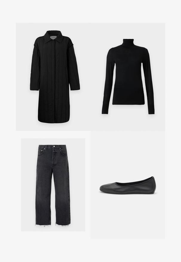CLOSED QUILTED COAT - Zimný kabát - black; Čierny rolák vyrobený z mäkkého, ľahkého materiálu. Má dlhé rukávy a priliehavý strih s vysokým golierom.; Čierne džínsy s vysokým pásom, širokými nohavicami, neupraveným lemom, predným gombíkom, zipsom a dizajnom s piatimi vreckami.; Čierne kožené baleríny s okrúhlou špičkou, hladkým povrchom, minimálnym prešívaním a flexibilným dizajnom podrážky.