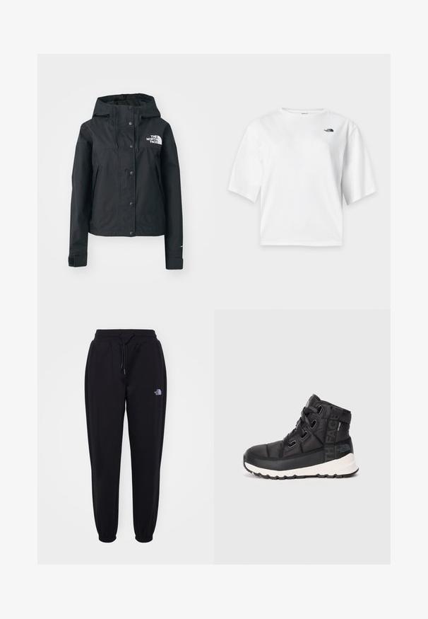 Zwarte waterdichte jas met een afneembare capuchon, drukknoopsluiting en logo op de borst. Bevat zijzakken en heeft een cropped ontwerp.; Wit T-shirt met korte mouwen en ronde hals met het zwarte The North Face-logo op de linkerborst.; Zwarte joggingsbroek met elastische tailleband en boorden, trekkoord, zijzakken en een klein wit The North Face-logo op de rechterdij.; Zwarte mid-top wandelschoenen met een gestructureerde afwerking, verstelbare veters en een witte rubberen zool. Heeft merkbranding aan de zijkant.