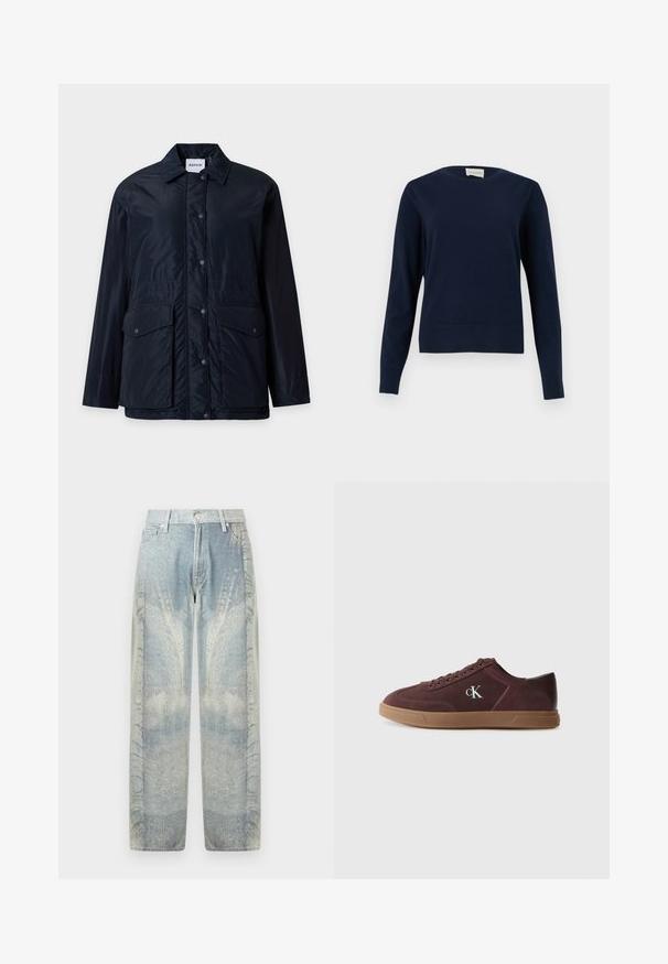 Veste noire à manches longues avec des boutons sur le devant, deux grandes poches à rabat et un col plié, présentée sur un fond uni.; Pull à manches longues bleu marine à col rond avec poignets et ourlet côtelés, présenté sur un fond clair uni.; Jean homme à jambes larges en bleu délavé avec motif texturé, fermeture à boutons, passants de ceinture et poches avant sur fond blanc.; Calvin Klein Baskets basses - bordeaux