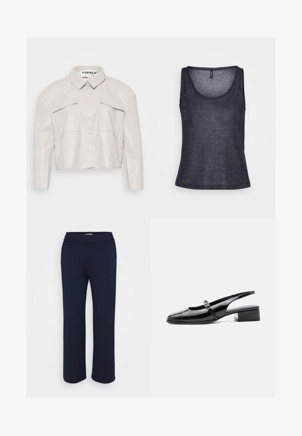 Skåret lys beige kunstlæderjakke med krave, knaplukning foran og to brystlommer. Glat tekstur og minimalistisk design.; Marineblå top i let, struktureret stof med rund halsudskæring og en generelt afslappet pasform. Ingen yderligere designDetaljer nævnt.; Marineblå lige ben bukser lavet af strækbart stof, med en flad talje og to sidelommer for funktionalitet.; Sort laklæderslingback-sko med lav blokhæl og tynd rem med sølvspænde over toppen.