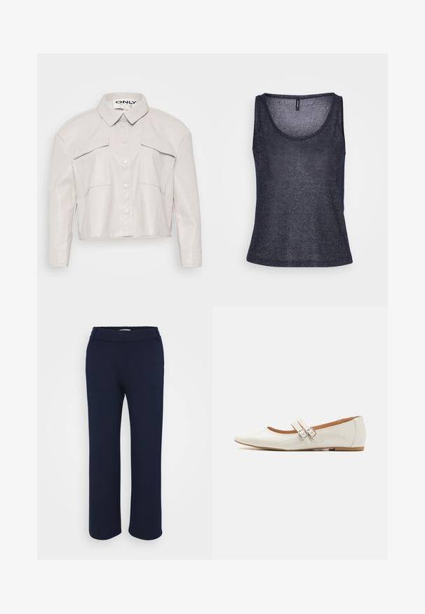 Skåret lys beige kunstlæderjakke med krave, knaplukning foran og to brystlommer. Glat tekstur og minimalistisk design.; Marineblå top i let, struktureret stof med rund halsudskæring og en generelt afslappet pasform. Ingen yderligere designDetaljer nævnt.; Marineblå lige ben bukser lavet af strækbart stof, med en flad talje og to sidelommer for funktionalitet.; Hvide patentlæder flade sko med spids tå, to dekorative stropper med sølvspænder og en diskret brun sål.