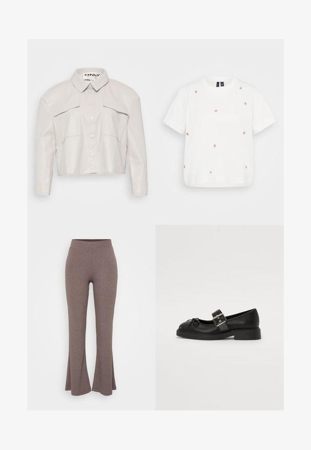 Skåret lys beige kunstlæderjakke med krave, knaplukning foran og to brystlommer. Glat tekstur og minimalistisk design.; Hvid bomulds t-shirt med korte ærmer, der har flere broderede små jordbær i pink og grøn. Løs pasform, rund halsudskæring.; Brune ribbede flairbukser med en høj, strækbar talje og en blød tekstur, der har et subtilt vertikalt mønster gennem hele stoffet.; Sort læder Mary Jane-sko med rund tå, ankelrem og sølv spænde detalje. Har en flad, chunky sål og en sløjfe akcent.