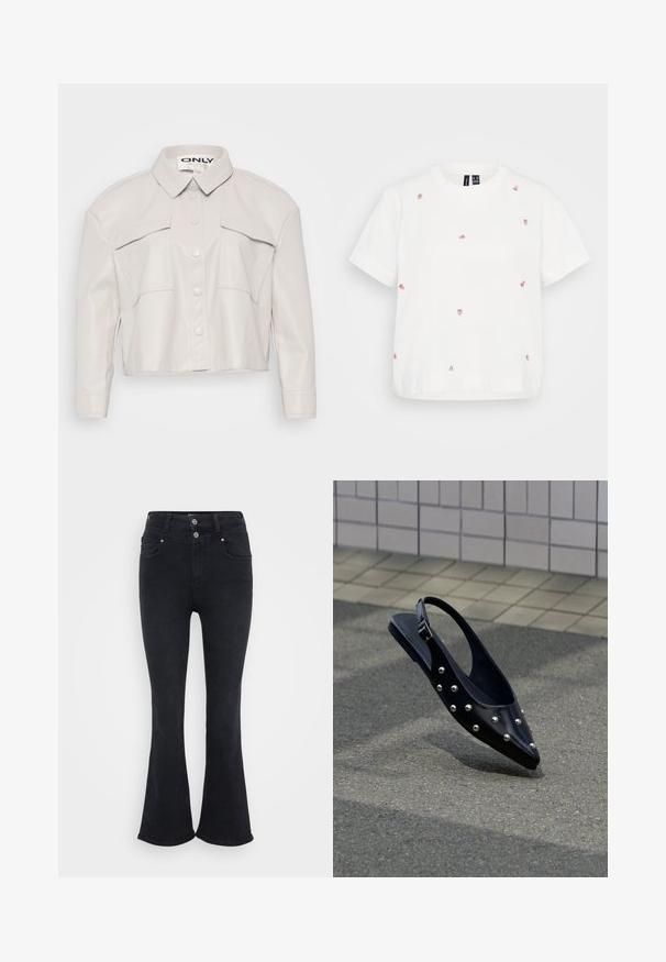 Veste en simili cuir beige clair, cintrée, avec col, fermeture à boutons et deux poches poitrine. Texture lisse et design minimaliste.; T-shirt en coton blanc à manches courtes avec de multiples petites fraises brodées en rose et vert. Coupe décontractée, décolleté rond.; Jean noir évasé avec taille haute, fabriqué en tissu denim. Comprend deux poches avant et une fermeture à double bouton à la taille.; Chaussure slingback noire à bout pointu avec des clous argentés, flottant au-dessus d'un bitume près d'un mur carrelé en arrière-plan.