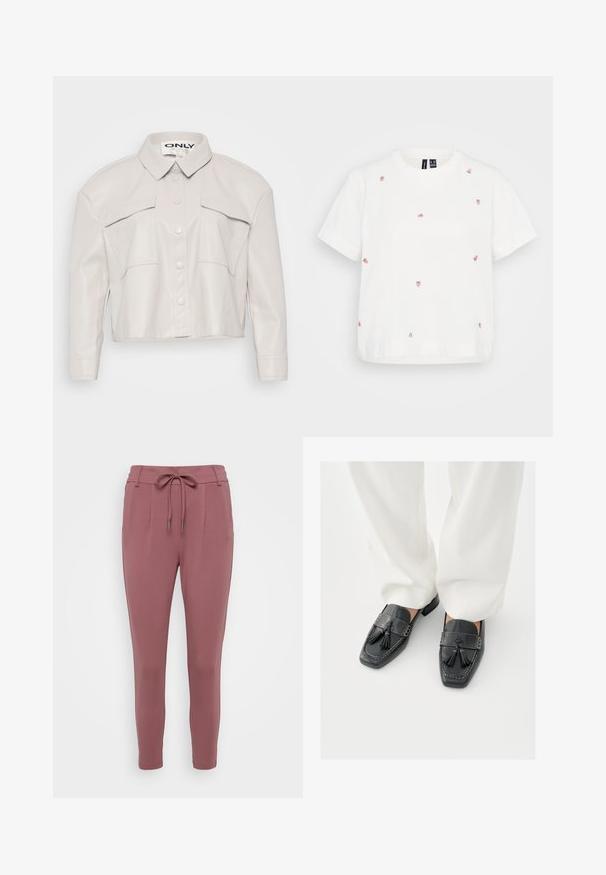 Gekürzte, sandfarbene Kunstlederjacke mit Kragen, Knopfleiste und zwei Brusttaschen. Glatte Textur und minimalistisches Design.; Weißes Baumwoll-T-Shirt mit kurzen Ärmeln, das mit mehreren gestickten kleinen Erdbeeren in Pink und Grün verziert ist. Entspannter Schnitt, Rundhalsausschnitt.; Rosenfarbene Hosen mit einem Zugbandbund, schmal zulaufenden Beinen und vorderen Falten. Hergestellt aus einem weichen, dehnbaren Material.; Schwarze Leder-Loafers mit Quasten, ausgestattet mit eckigen Zehen und dekorativen Nähten, kombiniert mit weißen, weit geschnittenen Hosen.