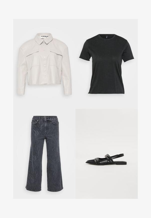 Gekürzte, sandfarbene Kunstlederjacke mit Kragen, Knopfleiste und zwei Brusttaschen. Glatte Textur und minimalistisches Design.; Schwarzes T-Shirt mit kurzen Ärmeln und rundem Halsausschnitt, das dezente, herzförmige Strassverzierungen auf der Vorderseite aufweist. Weicher, lässiger Stoff.; Weite Jeans aus dunkelgrauem Denim mit einem Zebramuster. Klassisches Fünf-Taschen-Design mit Knopf- und Reißverschluss.; Even&Odd by Zalando Sling-Ballerina - black