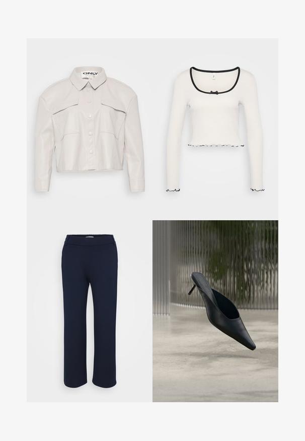 Skåret lys beige kunstlæderjakke med krave, knaplukning foran og to brystlommer. Glat tekstur og minimalistisk design.; Hvid langærmet crop top med en bred sortkantet rund halsudskæring, en center bånd detalje, og flæser i sort ved ærmerne og kanten.; Marineblå lige ben bukser lavet af strækbart stof, med en flad talje og to sidelommer for funktionalitet.; Sort mule sko med spids tå og tynd høj hæl, der svæver over en glat beton gulv med en sløret baggrund med lodrette striber.