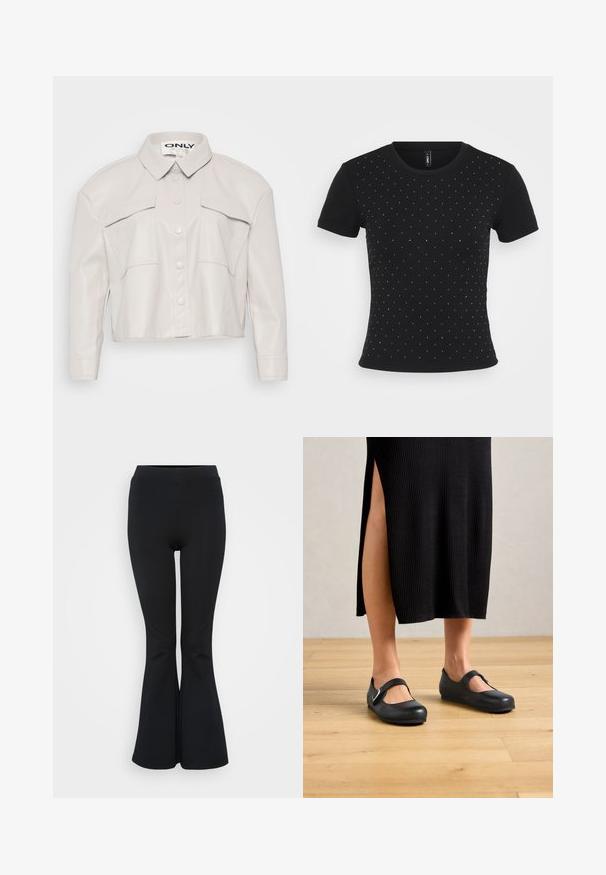 Skåret lys beige kunstlæderjakke med krave, knaplukning foran og to brystlommer. Glat tekstur og minimalistisk design.; Sort kortærmet T-shirt lavet af ribbet stof med spredte rhinsten accenter på forsiden for ekstra detaljer.; Sorte flare leggings lavet af strækbart materiale. Har en høj talje og en glat overflade. Slutter med en flared kant.; Kvinde i en sort ribbet midiskørt med sideslids iført sorte Mary Jane flade sko på et trægulv.