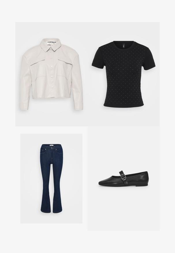 Veste en simili cuir beige clair, cintrée, avec col, fermeture à boutons et deux poches poitrine. Texture lisse et design minimaliste.; T-shirt noir à manches courtes en tissu côtelé, orné de strass dispersés sur le devant pour un détail supplémentaire.; Jean flare en denim bleu foncé avec un design classique à cinq poches, fermeture à bouton métallique et accents de couture sur les poches.; Chaussure plate en cuir noir avec un bout arrondi, une seule sangle réglable à boucle et une texture lisse et brillante. Design minimaliste avec un petit talon.