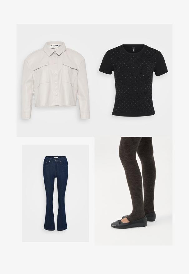 Gekürzte, sandfarbene Kunstlederjacke mit Kragen, Knopfleiste und zwei Brusttaschen. Glatte Textur und minimalistisches Design.; Schwarzes kurzärmliges T-Shirt aus Rippstoff, das auf der Vorderseite verstreute Strassakzente für zusätzliche Details aufweist.; Dunkelblaue Jeans im Bootcut-Stil mit klassischem Fünf-Taschen-Design, metallischem Knopfverschluss und Nähakzenten an den Taschen.; Beine in dunklen, gerippten Leggings kombiniert mit schwarzen Ballerinas mit kleinen Schleifendetails auf weißem Hintergrund.