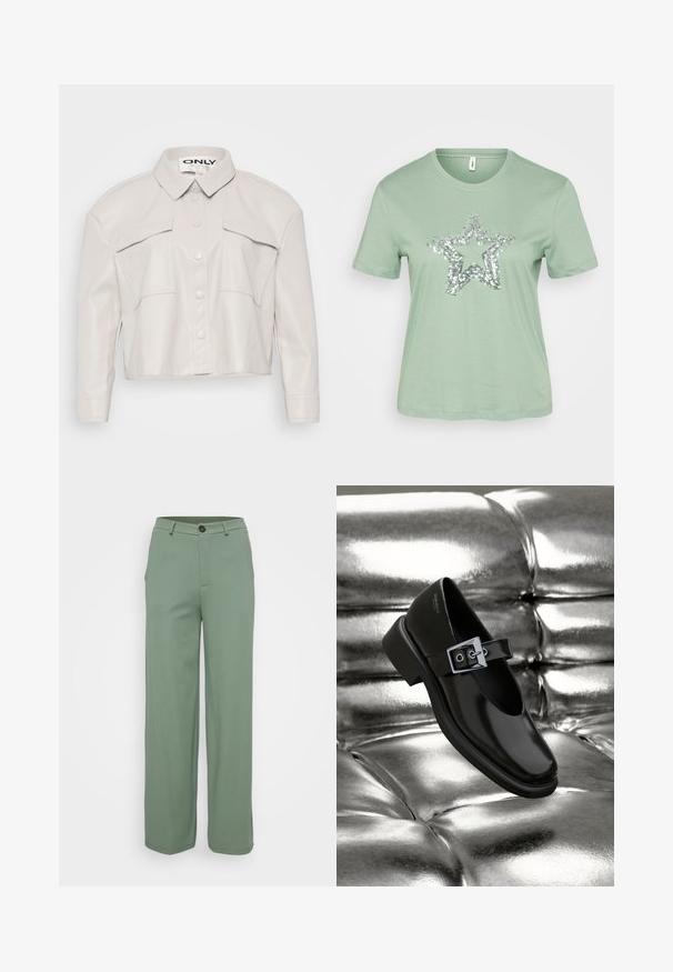 Skåret lys beige kunstlæderjakke med krave, knaplukning foran og to brystlommer. Glat tekstur og minimalistisk design.; Mintgrøn kortærmet t-shirt med et stort sølvfarvet paljett-stjernedesign på fronten. Fremstillet af let og blødt bomuldsstof.; Bredde bukser i et lys grønt stof med en glat tekstur. Har en frontlukning med knap og to sidelommer.; Sorte læder Mary Jane sko med firkantet tå, en sølv spænde accent og en chunky lav hæl, sat mod en glansfuld sølv baggrund.