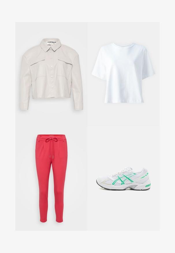 Korte licht beige faux leren jack met een kraag, knoopsluiting en twee borstzakken. Gladde textuur en minimalistisch design.; Witte katoenen t-shirt met een ronde hals, korte mouwen, een comfortabele pasvorm en een gladde textuur. Geen patronen of accenten zichtbaar.; ONLY Petite ONLPOPTRASH LIFE EASY - Broek - viva magenta; ASICS SportStyle GEL-1130 - Sneakers laag - white/malachite green