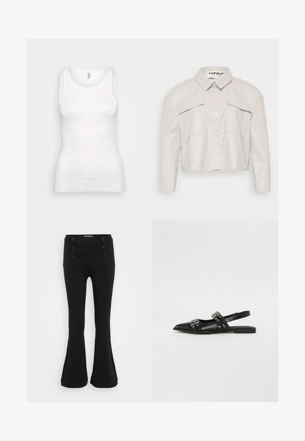 Veste en simili cuir beige clair, cintrée, avec col, fermeture à boutons et deux poches poitrine. Texture lisse et design minimaliste.; Débardeur blanc à côtes avec un col rond et des bretelles larges, arborant une coupe ajustée qui épouse la silhouette. Pas de motifs ni d'accents visibles.; Pantalons évasés noirs en denim, avec une taille haute, une fermeture à cinq boutons sur le devant et deux poches avant avec couture décorative.; Even&Odd Ballerines à brides arrière - black