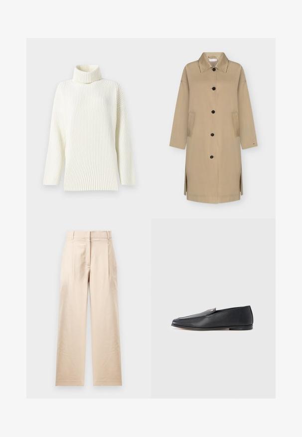 Beige lang trenchcoat med sorte knapper, spids krave, sideslidser og to forlommer, vist på ensfarvet baggrund.; Cremefarvet ribbet turtleneck trøje med lange ærmer og løs pasform. Den bløde tekstur og det sømløse design øger komforten.; Beige bukser lavet af glat stof. Har en lige pasform, flad front og to plisses. Ingen synlige mønstre eller metaldele.; Sorte læderloafers med en glat tekstur, rundet tå og subtile syningsdetaljer. Har en guldfarvet logoaccent på oversiden.