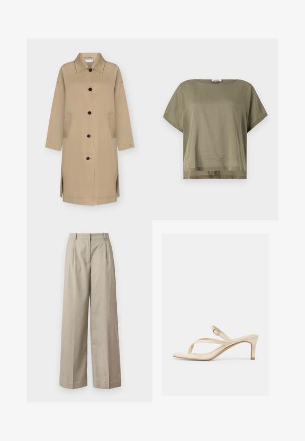 Trench-coat long beige avec boutons noirs, col pointu, fentes latérales et deux poches avant, présenté sur un fond uni.; Haut court olive en vert, fabriqué en tissu léger, présentant une coupe ample et un ourlet droit. Design minimaliste avec un col rond.; Pantalons larges beiges en tissu lisse, dotés d'une taille ajustée, de plis et d'une coupe ample au niveau des jambes. Design simple et lignes épurées.; Sandale à talon beige avec une boucle d'orteil, des lanières fines, une boucle dorée réglable et un petit talon kitten, sur fond blanc.