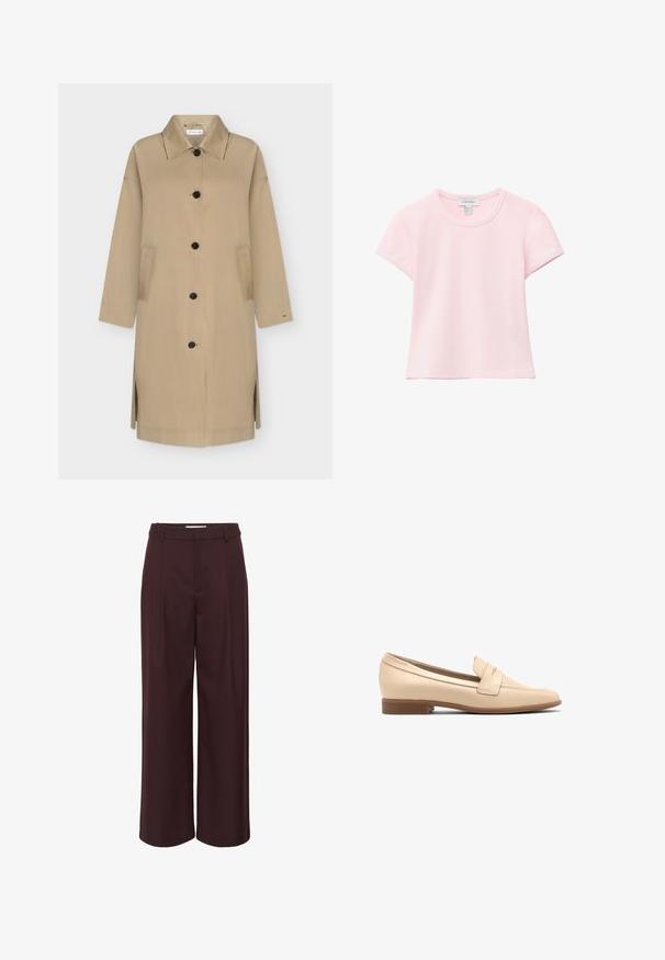 Beige lang trenchcoat med sorte knapper, spids krave, sideslidser og to forlommer, vist på ensfarvet baggrund.; Lyserød kortærmet T-shirt med rund hals og lige kant, lavet af blødt stof, vist på en hvid baggrund.; Vide benbukser i dyb bourgogne, lavet af et glat stof. Har en høj talje med folder og enkle bæltestropper for et skræddersyet udseende.; Beige læderloafers med en rund tå, der har en dekorativ rem på tværs af forsiden og en lav, stablet hæl. Glat tekstur.