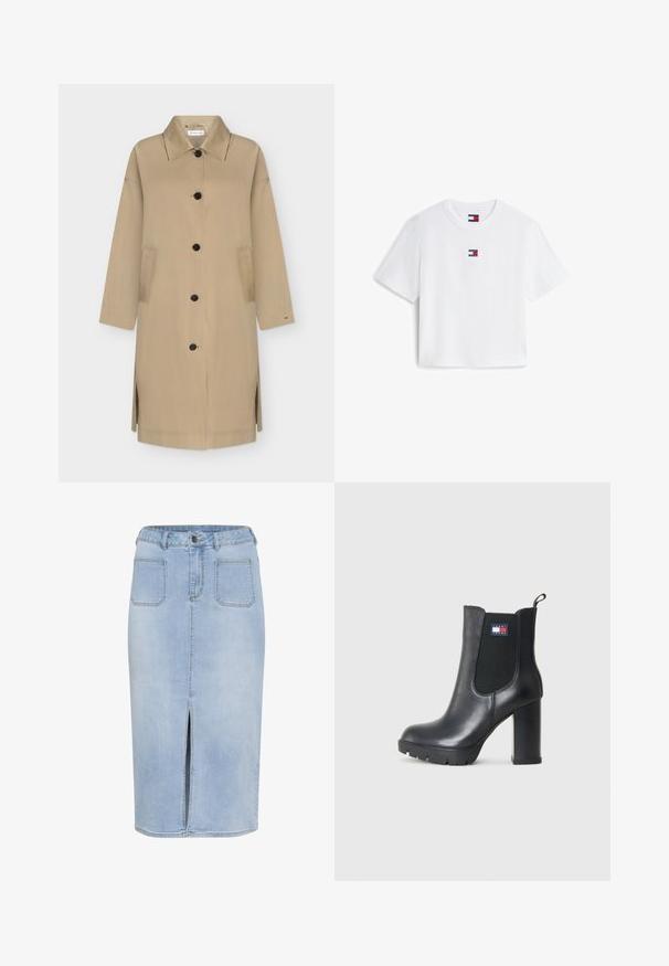 Beiger langer Trenchcoat mit schwarzen Knöpfen, spitzem Kragen, Seitenschlitzen und zwei Vordertaschen, dargestellt vor einem einfarbigen Hintergrund.; Weißes kurzärmeliges Cropped T-Shirt mit kleinem Tommy Jeans-Logo und Flaggenemblem vorne in der Mitte unterhalb des Halsausschnitts.; Hellblaue Denim-Midirock mit einem hohen Schlitz, fünf Taschen und einer figurbetonten Taille mit Gürtelschlaufen und Knopfverschluss.; Tommy Jeans High Heel Stiefelette - black