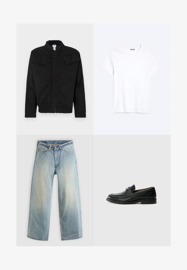 Veste noire en tissu durable, dotée d'un col haut, de deux poches à rabat sur le devant, de poignets côtelés et d'un logo de la marque discret sur la poitrine.; T-shirt blanc uni à manches courtes et col rond avec une étiquette de la marque WEEKDAY visible au niveau du col, présenté sur un fond clair.; Jean denim bleu clair à jambes larges avec une finition délavée. Comprend un design standard à cinq poches et une fermeture à bouton métallique.; Mocassins en cuir noir avec une finition lisse, dotés d'une bande supérieure texturée, d'un talon bas et de détails de couture minimalistes.