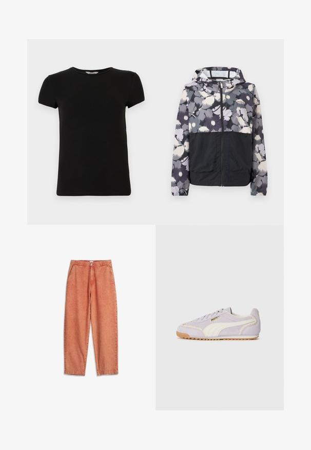 Chaqueta con capucha y cremallera, con la mitad inferior en negro y la parte superior y las mangas en gris con un diseño floral, con el logo de Columbia en el pecho.; Camiseta negra de manga corta con cuello redondo, hecha de suave tela de algodón, que presenta un diseño simple y sin patrones ni acentos visibles.; Pantalones de talle alto y pierna ancha en denim naranja quemado descolorido con bolsillos laterales, cierre de botón y cremallera frontal sobre un fondo blanco.; Zapatillas de ante morado con paneles laterales blancos y suela de goma natural. Presentan detalles de costura y un pequeño logo dorado en el lateral.