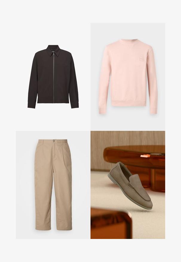 Dunkelbraunes Langarmhemd mit Kragen, Frontreißverschluss und kleiner horizontaler Brusttasche vor weißem Hintergrund.; Hellrosa Sweatshirt mit Rundhalsausschnitt, langen Ärmeln, gerippten Bündchen und Saum sowie einem dezenten Logo-Patch auf der linken Brust.; Beige, leichte Baumwollhosen mit gefaltetem Vorderteil, Knopfverschluss und geradem Bein, die eine glatte Textur und keine sichtbaren Muster aufweisen.; Beiger Wildleder-Slipper mit sichtbarer Naht und heller Sohle, auf einem cremefarbenen Teppich platziert, mit orange-transparenten Möbeln im Hintergrund.