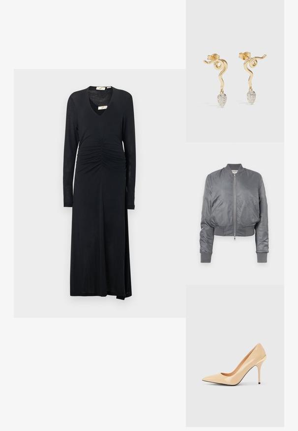 Veste bomber grise en tissu lisse avec une fermeture éclair avant, des poignets côtelés et deux poches latérales. Présente un design ajusté classique.; Robe noire à manches longues avec un décolleté en V, présentant des fronces à la taille et une silhouette évasée en ligne A. Texture de tissu doux.; Escarpin à talon haut en cuir verni beige avec bout pointu et talon aiguille fin, orné d'un petit accent doré à l'arrière.; Boucles d'oreilles en or avec un design en spirale, présentant une forme de goutte d'eau ornée de cristaux transparents scintillants. Fermeture à tige sécurisée.
