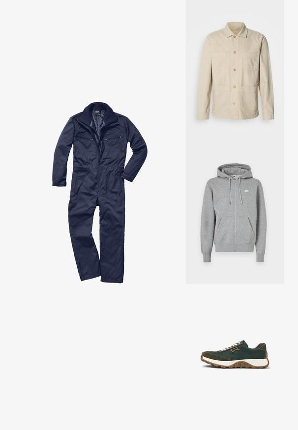 Beige puuvillatakki, jossa etuosassa napit, kaksi rintataskua ja kaksi sivutaskua. Siinä on klassinen kaulus ja pitkät hihat.; Navy blue haalut valmistettu kestävästä kankaasta, jossa on vetoketju etuosa, korkea kaulus ja useita vetoketjullisia taskuja rinnassa ja lantiossa.; Harmaa vetoketjullinen huppari pehmeästä kankaasta. Mukana kiristysnauhalla varustettu huppu, kaksi etutaskua ja pieni valkoinen logo rinnassa.; Tummanvihreä urheilujalkine, jossa on kangas- ja mokkajatketta, valkoiset nauhat, ruskeat yksityiskohdat ja tekstuurinen kumipohja. Sivuprofiilin näkymä.