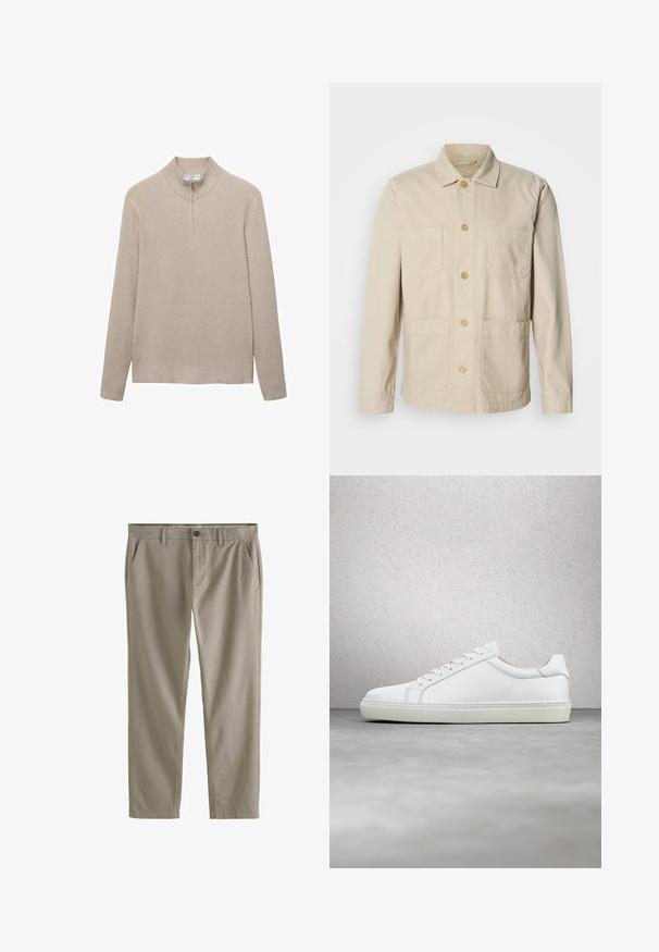 Chaqueta de algodón beige con cierre de botones, dos bolsillos en el pecho y dos bolsillos laterales. Cuenta con un cuello clásico y mangas largas.; Suéter beige con canalé, cuello alto y cierre de media cremallera. Las mangas largas y el diseño ajustado del dobladillo realzan el aspecto texturizado.; Pantalones de algodón beige con corte recto, que cuentan con bolsillos laterales, cremallera y cierre de un botón, textura suave y costuras mínimas.; Zapatilla blanca con parte superior de cuero liso y perfil bajo. Presenta una puntera redondeada, seis ojales y una suela de goma texturizada.