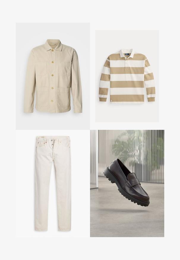 Beige Baumwolljacke mit geknöpfter Vorderseite, zwei Brusttaschen und zwei Seitentaschen. Verfügt über einen klassischen Kragen und lange Ärmel.; Langärmeliges Poloshirt mit beigen und weißen horizontalen Streifen, ausgestattet mit einem klassischen Kragen und einem kleinen Logoakzent am Saum.; Helle, hoch geschnittene Slim-Fit-Jeans in Off-White mit Knopfverschluss, fünf Taschen und kupferfarbenen Nieten, flach auf einem weißen Hintergrund gelegt.; Brauner Leder-Schlupfschuh mit abgerundetem Zehenbereich und einer robusten schwarzen Gummisohle. Verfügt über einen dekorativen Riemen über dem Spann.