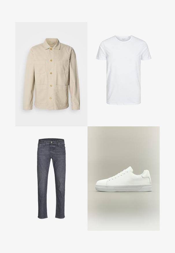 Veste en coton beige avec un devant boutonné, deux poches poitrine et deux poches latérales. Elle présente un col classique et des manches longues.; T-shirt à col rond à manches courtes de couleur blanche unie, fabriqué en coton doux, avec un design simple sans motifs ni accents visibles.; Jean en denim gris foncé à jambes droites avec fermeture par bouton et glissière, poches avant et arrière, ainsi que passants pour ceinture.; Baskets basses blanches à lacets, doté d'un col rembourré et d'une semelle en caoutchouc texturée, présentées de profil sur un fond neutre.