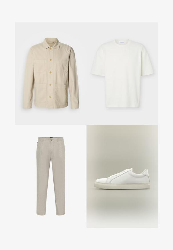 Beige bomuldsjakke med knapper foran, to brystlommer og to sidelommer. Har klassisk krave og lange ærmer.; Hvid tekstureret T-shirt med korte ærmer og rund hals med en almindelig pasform og et lille mærke indeni kraven.; Beige linnedragtbukser med struktureret overflade, der har en lige ben-design, to frontlommer og en knaplukning ved taljen.; Hvid lavtop sneaker med snørebånd foran og tyk sål, vist fra siden mod en neutral baggrund.