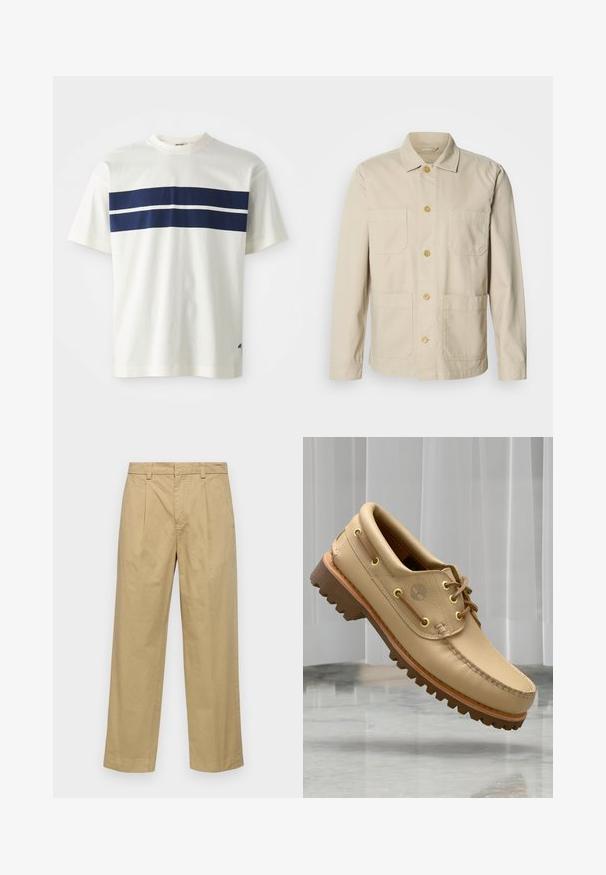 Veste en coton beige avec un devant boutonné, deux poches poitrine et deux poches latérales. Elle présente un col classique et des manches longues.; T-shirt en coton blanc avec un design de rayures horizontales bleu marine et une rayure blanche plus étroite en dessous, manches courtes et col rond.; Pantalons en coton beige avec une coupe droite, dotés de plis avant et de poches latérales. Le tissu a une texture lisse et douce.; Chaussure bateau en cuir marron clair avec semelle épaisse et striée et détails de lacets, flottant au-dessus d'un sol en marbre et d'un fond de stores verticaux blancs.