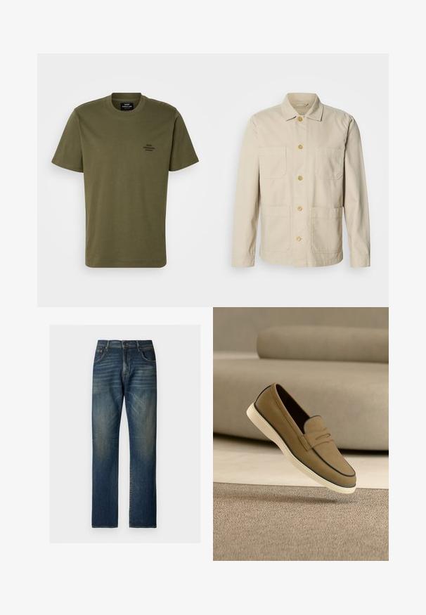 Beige puuvillatakki, jossa etuosassa napit, kaksi rintataskua ja kaksi sivutaskua. Siinä on klassinen kaulus ja pitkät hihat.; Oliivinvihreä lyhythihainen T-paita, joka on valmistettu puuvillasta. Paidassa on pyöreä pääntie ja pieni brodeerattu logo vasemmassa rinnassa. Silkkinen pinta.; Siniset suorat farkut haalistuneilla yksityiskohdilla, edestä napillinen kiinnitys ja viiden taskun malli valkoisella taustalla.; Vaaleanruskea mokkanahkainen loaferi, jossa on valkoinen pohja, leijuu beigeä mattoa vasten, taustalla on neutraalin sävyinen sohva epätarkkana.