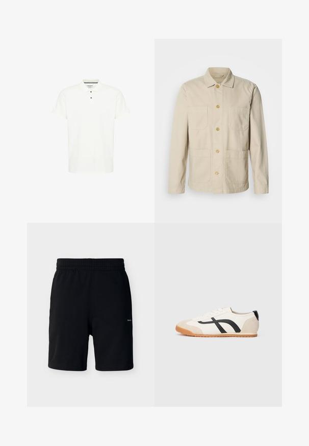 Veste en coton beige avec un devant boutonné, deux poches poitrine et deux poches latérales. Elle présente un col classique et des manches longues.; Polo shirt blanc en coton, avec un col classique, des manches courtes et une patte de boutonnage à trois boutons avec des boutons bleu marine.; Shorts noirs mi-cuisse avec taille élastique, en tissu doux, avec un petit logo Calvin Klein blanc sur la jambe droite.; Baskets blanches profil bas avec accents beige à l’orteil et au talon, bandes latérales noires courbées, lacets blancs et semelle en gomme, vues de côté gauche.