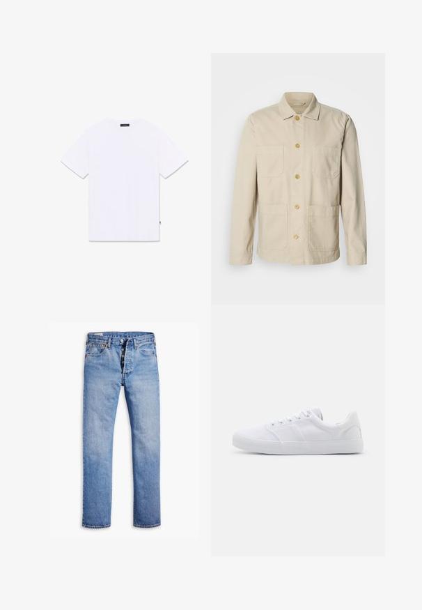 Chaqueta de algodón beige con cierre de botones, dos bolsillos en el pecho y dos bolsillos laterales. Cuenta con un cuello clásico y mangas largas.; Camiseta blanca de manga corta con cuello redondo, mostrada plana desde atrás, con una pequeña etiqueta negra en el cuello y la costura lateral.; Jeans de mezclilla azul claro con corte recto, cierre de cinco botones, pasadores para cinturón y un desvanecimiento sutil. Tiene dos bolsillos frontales y remaches de cobre.; Zapatillas de lona blancas con suela de goma, que cuentan con seis ojales, una puntera texturizada y un diseño minimalista.