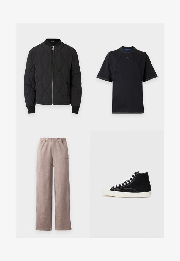 Veste bomber matelassée noire avec un col rond, une fermeture éclair argentée et des poignets élastiques. Présente des motifs en forme de losanges sur la surface.; T-shirt noir à manches courtes avec un col rond, présentant des coutures contrastées et un petit logo sur la poitrine. Tissu lisse et extensible.; Pantalons de jogging brun clair avec une finition douce et texturée, design à jambes larges, taille élastiquée et subtil logo sur le côté.; Baskets montantes en toile noires avec des lacets blancs, dotées d'un capuchon en caoutchouc et de surpiqûres blanches contrastantes.