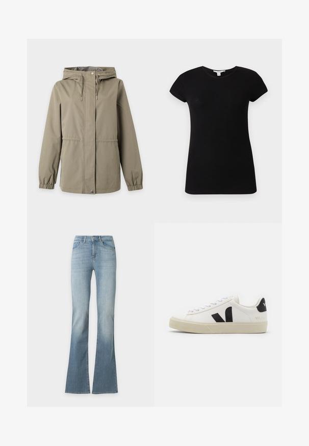 Beige Kapuzenjacke mit Frontreißverschluss und Druckknopfverschluss, verstellbaren Kordeln an der Kapuze und elastischen Bündchen an langen Ärmeln.; Schwarzes, kurzärmeliges, geripptes, eng anliegendes T-Shirt mit Rundhalsausschnitt, flach auf einem hellen Hintergrund präsentiert.; Hellblaue Denim-Jeans mit hoher Taille und ausgestellten Beinen, die eine dezente Verfärbung an Oberschenkeln und Knien zeigen.; Weißes Leder-Sneaker mit schwarzem Gummi-V-Logo. Strukturierte cremefarbene Sohle, weiße Schnürsenkel und Fersendetail in Schwarz mit dem Markennamen.