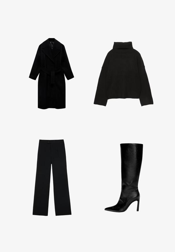 Manteau noir en laine avec un col cranté, une taille ceinturée et une coupe mi-longue. Présente des manches longues et une texture lisse.; Pull noir en maille avec un col roulé côtelé haut et des épaules tombantes. Présente une coupe décontractée et carrée avec des poignets et un ourlet côtelés.; Pantalons noirs à jambes larges en tissu lisse, dotés d'une fermeture à bouton à l'avant et de deux plis pour un détail supplémentaire. Design ajusté dans l'ensemble.; Botte en cuir noir montée jusqu'au genou, avec un bout pointu, un talon aiguille haut, une finition lisse et un design simple et épuré sans ornements.