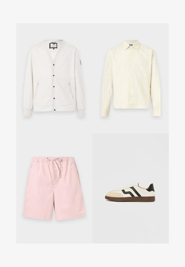 Veste légère de couleur crème avec un col en V, poches zippées et boutons-pression noirs. Équipée de poignets élastiques et d'une texture minimale.; Chemise crème à manches longues avec col, boutons sur le devant et une seule poche poitrine, présentée sur un fond clair.; Shorts décontractés rose clair avec taille élastique et cordon de serrage, avec poches latérales, sur fond uni clair.; Baskets en cuir blanc avec bandes noires et embout en daim beige. Semelle en caoutchouc brun foncé. Lacets et col rembourré complètent le design.