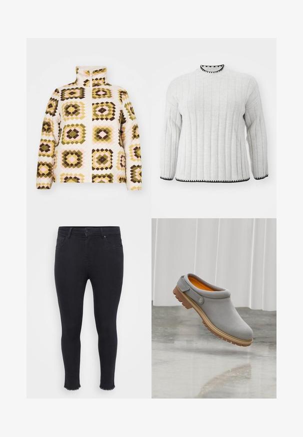 ONLY Carmakoma VIBBE - Talvitakki - moonbeam/lizard/mustard gold/pinecone/misty; Vaaleanharmaa ribbineulepulloveri, jossa on pitkät hihat ja musta reunus korkean kaula-aukon ja helman ympärillä. Pehmeä pinta ja rento muotoilu.; Musta kapealahkeiset farkut, joissa on rispaantunut lahkeenreuna nilkan kohdalla, kaksi etutaskua ja nappikiinnitys vyötäröllä.; Vaaleanharmaa liukusäädöllinen kenkä, jossa on luonnonvärinen pohja ja oranssi sisävuori, heijastavalla lattialla valkoisen verhon edessä.
